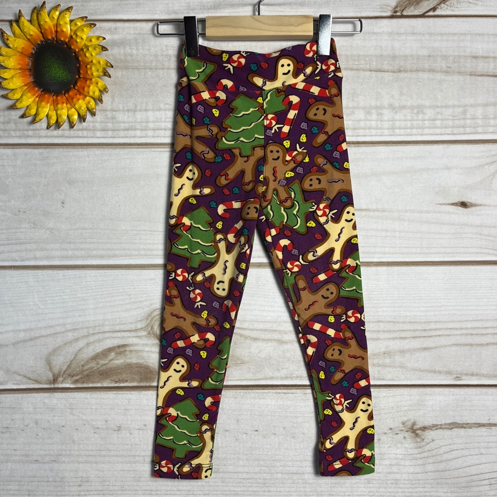 LuLaRoe Girls Kids S/M Leggings Christmas Gingerbread Trees Candy Cane Print‎